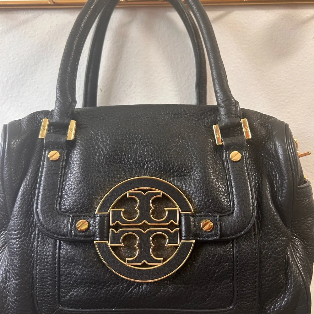 Tory Burch Amanda Satchel Purse Black Leather Handbag with Gold Accents - Picture 2 of 10